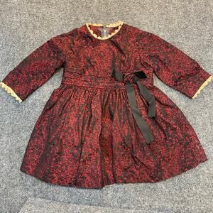 Vintage Handmade Toddler 2 Red Black Crochet Trim Holiday Babydoll Formal Dress